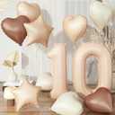 40 Inch Number 10 Balloon Decor, Cream Retro Apricot Brown Foil Neutral Heart 10 Balloons with Taupe Star Helium Balloon for Girls Boys 10th Birthday Anniversary Wedding Party Decoration Supplies (Beige)