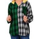 Womens Button Down Shirt Plus Size Blouse Shirts Tartan Plaid Color Block Casual Oversized Boyfriend Hooded Outwear Green (Green, XL)