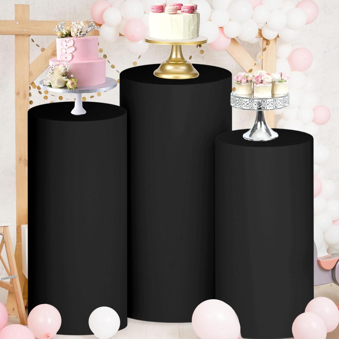 FUHSY Cylinder Pedestal Stand Covers Set of 3 Black Spandex Cylinder Covers for Parties Cylinder Plinth Stand Cover Birthday Round Display Pillars for Baby Shower Wedding Halloween Table Decorations