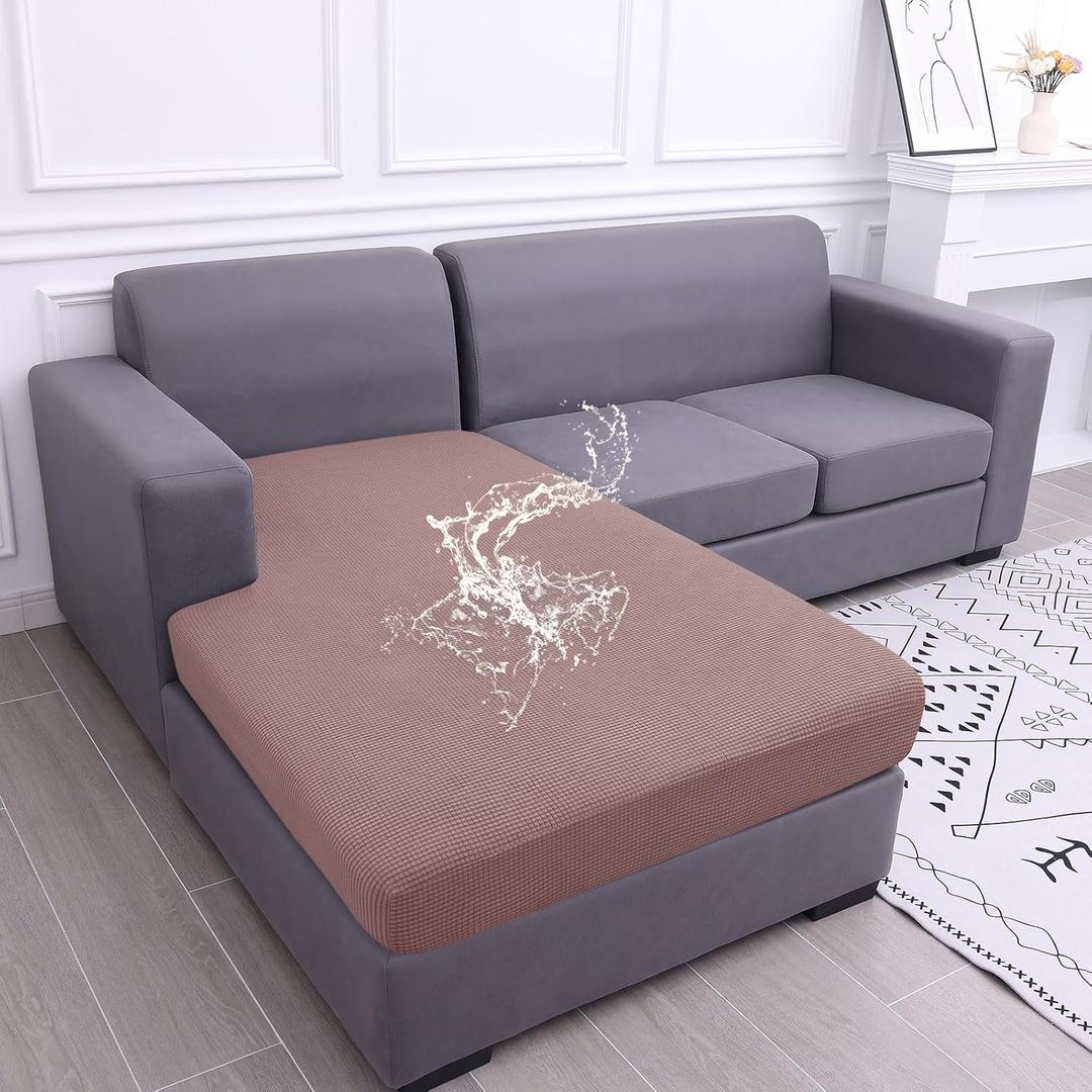 Hyha Waterproof Sectional Couch Covers, Non Slip Sofa Couch Cushion Covers L Shape, Thick Stretch Jacquard Fabric, Washable Sofa Slipcovers with Elastic Bottom (1 Piece for Chaise, Camel)