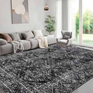 COZYLOOM Black Rug for Living Room 10x13 Machine Washable Area Rugs Modern Abstract Door Mats Non Slip Stain Resistant Geometric Accent Rug for Bedroom, Dining Room, Nursery, Black