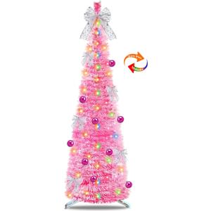 6 Ft Pop Up Tinsel Christmas Tree Christmas Pink Decor, Dual Color Change Lights DIY Ornaments Skinny 1 Minute Tree Warm White & Multicolor Light Timer Christmas Decoration Holiday Valentine's Day
