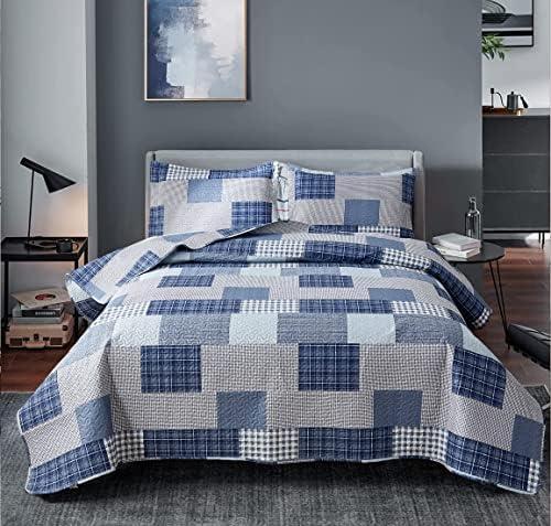 Bedspread Set King Size Plaid Quilt Bedding King Grey Blue Patchwork Modern Lightweight Quilt Bedspread Home Reversible Coverlet-Soft Polyester 3 Piece Quilt Set Collection
