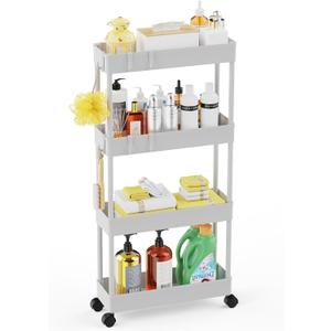 LEHOM 5.1" Slim Storage Cart - 4 Tiers Bathroom Organizer Mobile Shelving Unit Storage Rolling Utility Cart Slide Out Organizer for Kitchen Bathroom Laundry Narrow Places, White