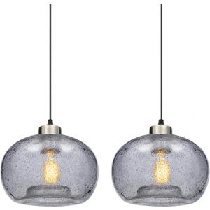 Modern Hand Blown Pendant Lights Kitchen Island, Clear Seeded Glass Kitchen Pendant Light Fixtures, Brushed Nickel Globe Ceiling Hanging Light Fixture Foyer Entryway Dining Room, 2 Pack