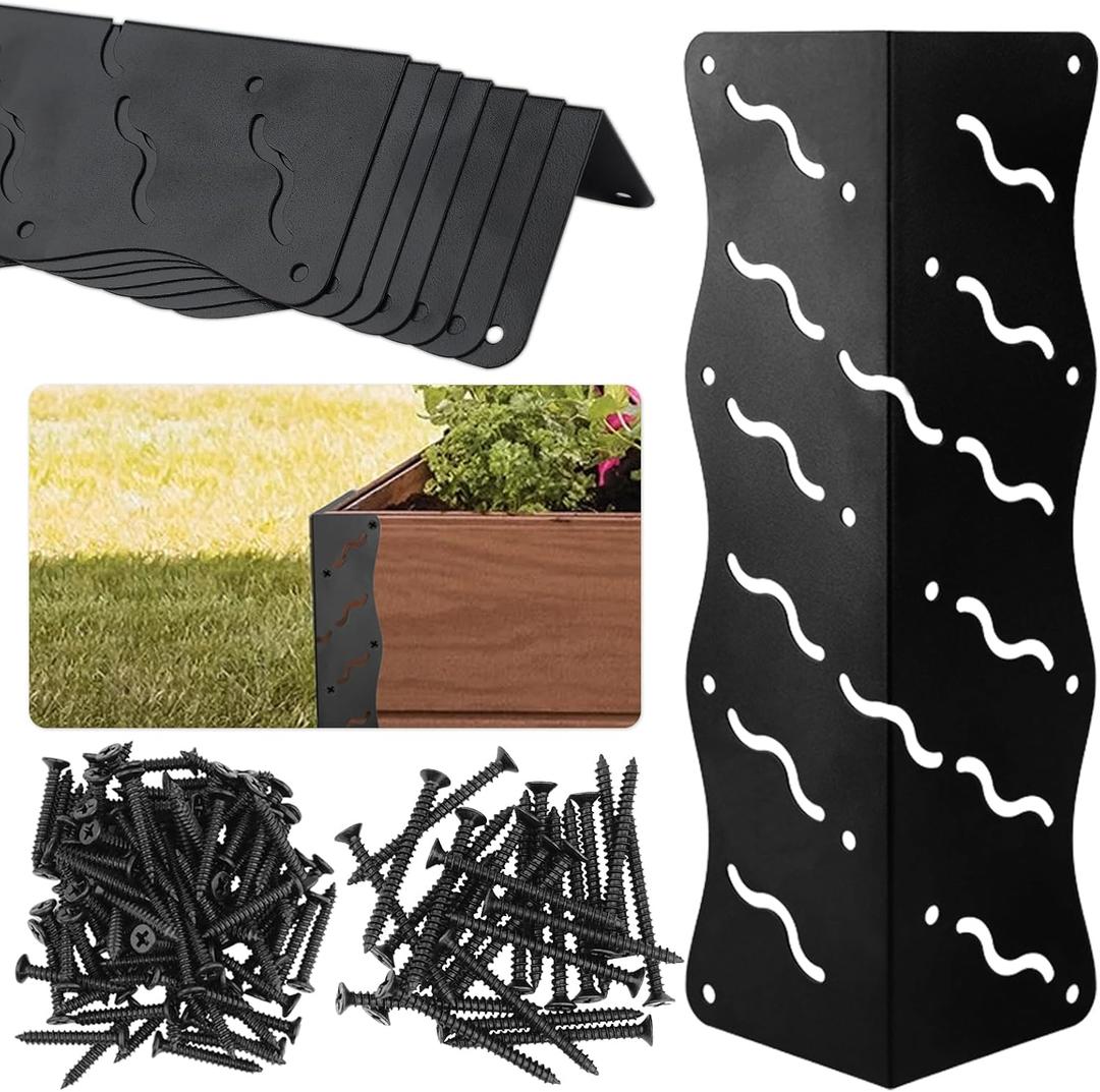 Set of 8 Raised Garden Bed Corner Brackets with Wood Screws, Rust Resistant Metal Connectors 11" x 3" x 3" for 20"-24" Beds, Raised Bed Corners for Vegetable Planter Garden Matte Black