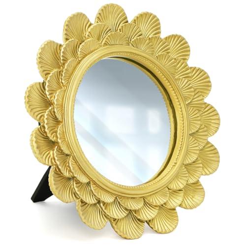 Eorbow 6.5" Vintage Vanity Makeup Desk Mirror, Small Gold Round Mirror for Table, Antique Scallop Edged Wall Mirror Decorative for Living Room Bedroom Dressing Tabletop
