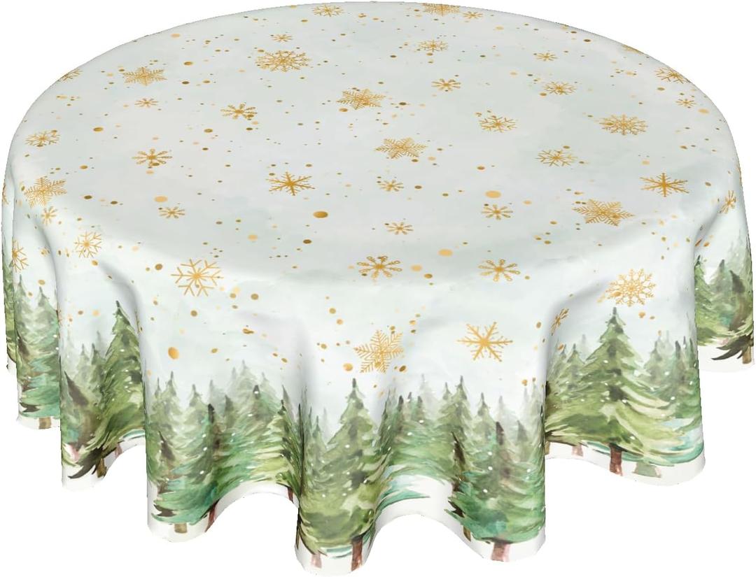 Sweetshow Winter Gold Snowflake Table Cloth Round Green Christmas Tree Tablecloth 60 Inch Winter Decor Washable Stain and Wrinkle Resistant Round Table Cover for Dining Party Picnic