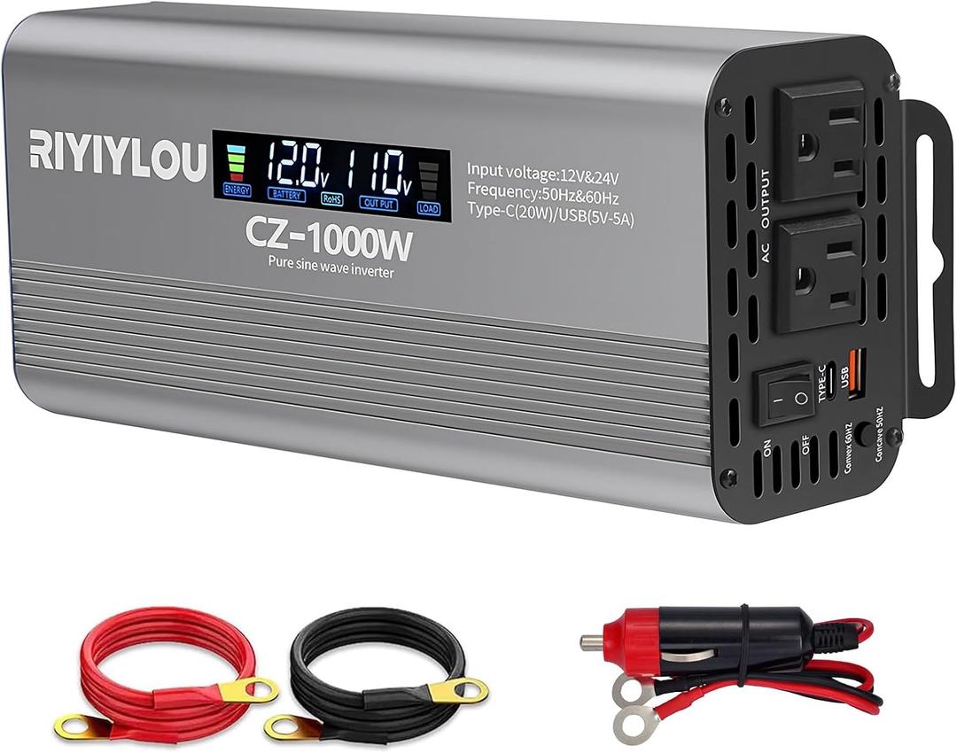 1000W Pure Sine Wave Inverter (2000W Peak), 12V/24V Auto-Detect, 50Hz/60Hz Switchable, LCD Display, Type-C Fast Charging, Silent Design, Overload & Overheat Protection for RV, Home