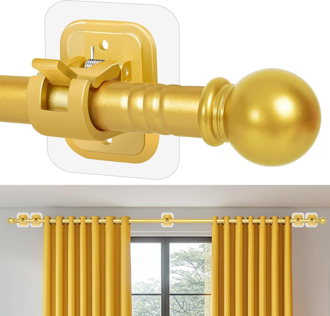 Curtain Rods No Drilling for Windows 66 to 120-128 Inch,Renter Friendly Drapey Pole with 5PCS No Drill Curtain Rod Bracket,Outdoor Long Cortineros Para Ventanas with Adhesive Curtain Rod Holder Gold