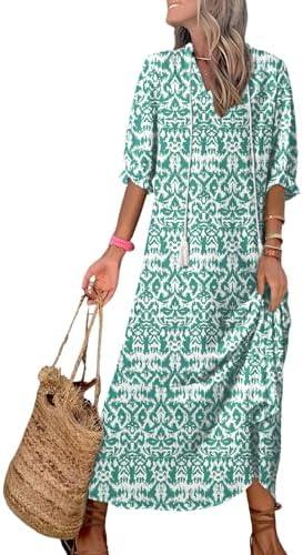 Dokotoo Women Boho Summer Dress 2024 Frill Short Sleeve Tassel V Neck Ruffle Flowy A-Line Maxi Dresses, M
