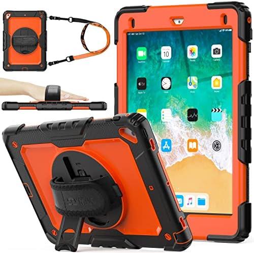 SEYMAC stock Case for iPad 6th / 5th Generation Case/Air 2 / Pro 9.7 inch, Heavy Duty Protective with Screen Protector, with Pencil Holder, Hand Strap, Shoulder Strap, 360 Rotate Stand, Orange+Black