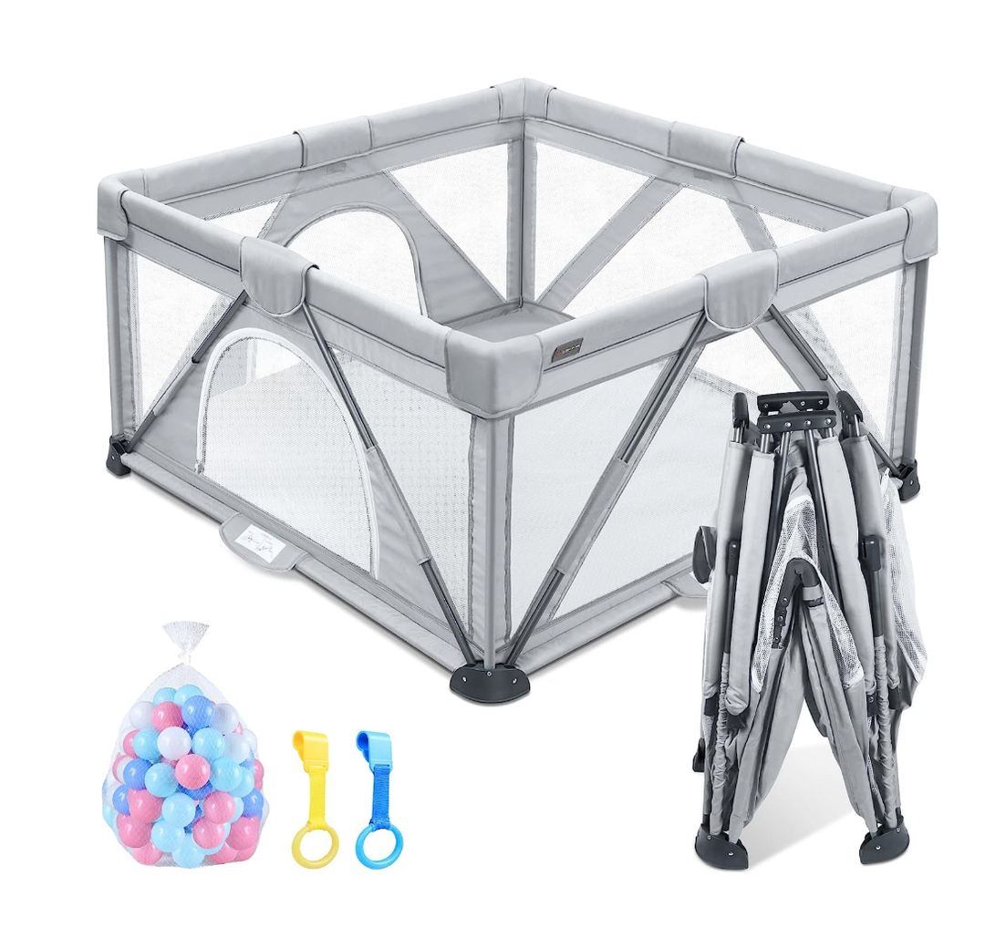 ANGELBLISS Baby Playpen, Foldable Playpen for Babies and Toddlers, Indoor & Outdoor Baby Activity Center with Visible Breathable Mesh, Portable Play Yard with 2 Handlers+50 Balls-59”×71”（Grey）