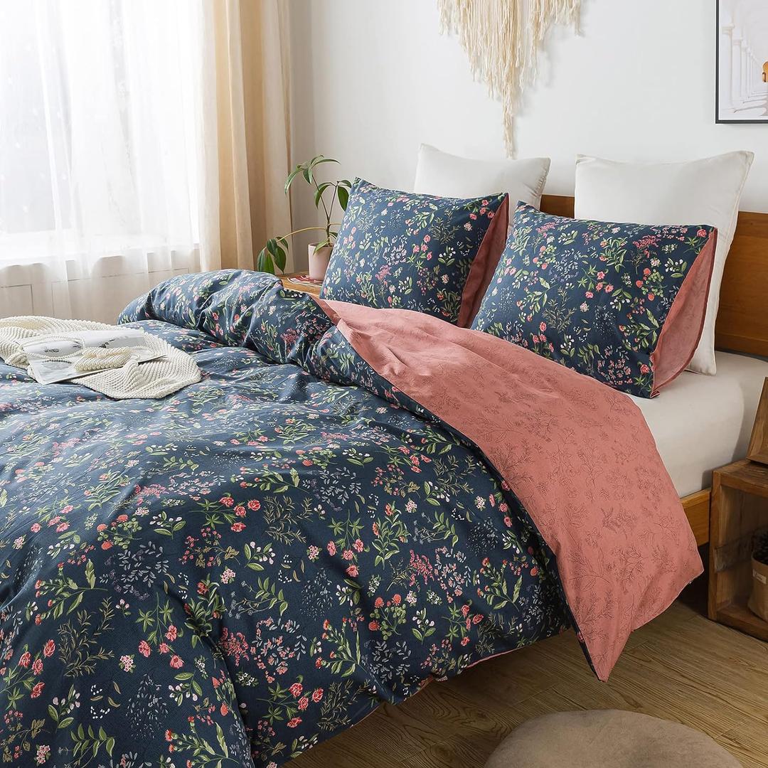 HoneiLife Queen Duvet Cover Set - 100% Cotton Floral Duvet Cover Sets,Soft & Breathable with Zipper Closure & Corner Ties,3pcs Wildflower Comforter Cover Sets- Flower Sea (Queen/Full-90"x90", Navy Blue)