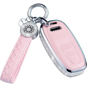 Compatible Audi Key Fob Cover, Pink Genuine Leather Crystal Case for Audi A4 A5 A6 A7 A8 Q5 Q7 S3 S4 S5 S6 S7 S8 SQ5 RS5 RS7 Smart Key