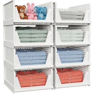 8 Pack Stackable Closet Storage Basket - Stackable Storage Bins, Multifunctional & Foldable Closet Organizer Waterproof, Wardrobe Cupboard Space-Saving Hat Storage Drawer Organizer, White