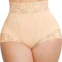 SHAPELLX Shapewear for Women Tummy Control Short Faja Body Shaper Compression Panties Mid Waisted Briefs Lace Underwear (Large, A2-Beige)