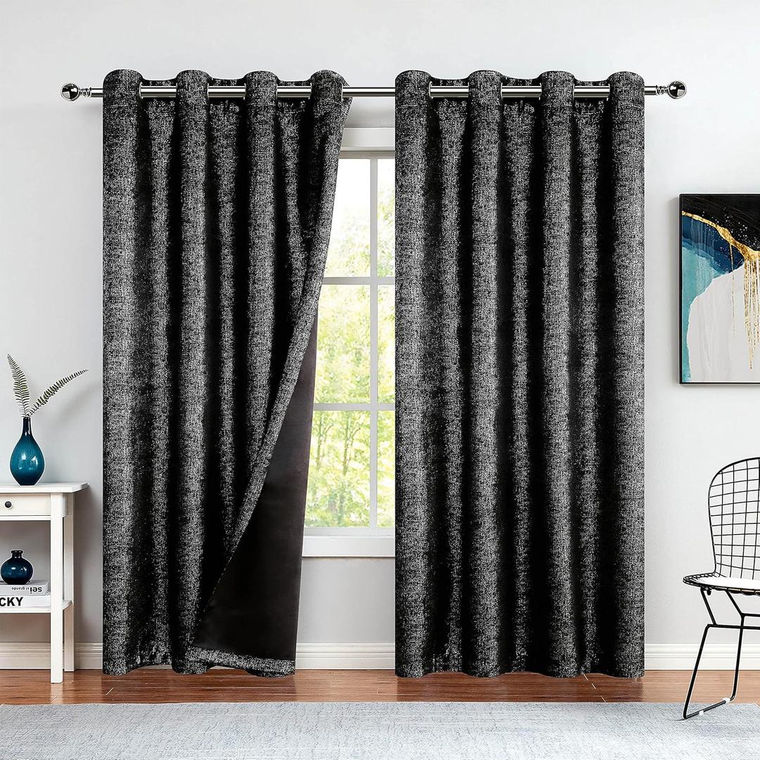 Bujasso Metallic 85% Blackout Curtains Black Room Darkening Curtains 2 Panels Luxury Sparkle Thermal Insulating Light Blocking Window Panels for Living Room Bedroom Grommet Top W52 xL95