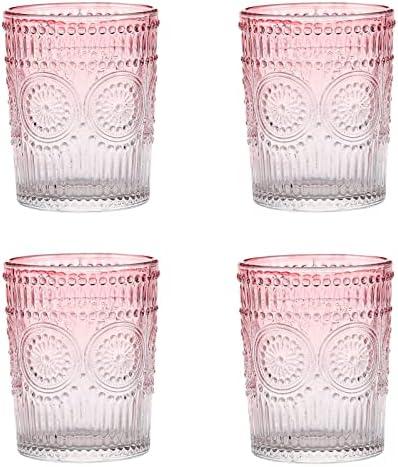 Amzcku Pink Drinking Glasses Set of 4, Vintage Glassware 10 oz- For Cocktails, Mixed Drinks, Whiskey, Beverage, Water, Milk and Juice
