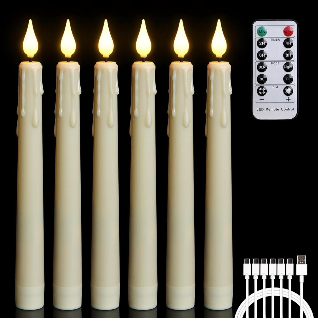 FREEPOWER 6PCS Rechargeable LED Flameless Taper Candles with Remote Timer,Battery Operated Flickering Realistic Window Candles with 3D Wick for Home Wedding Christmas Decor,0.78 X 8.26 Inch(Ivory)