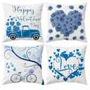HYJ Blue Valentine’s Day Pillow Covers 20x20 Set of 4, Double-Sided Print White Linen Cushion Covers, Love Heart Truck Bicycle Rose Design Throw Pillow Cases for Sofa Couch Bed Home Decor