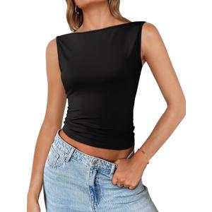 Imily Bela Womens Going Out Casual Tank Tops 2025 Trendy Summer Basic Sleeveless Backless T Shirts Cute Slim Fit Y2K Tee (X-Large, Black)