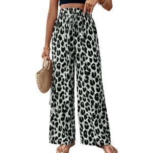 Women's Leopard Print Pants Cheetah Wide Leg Drawstring Casual Lightweight Pants for Beach Office Wear