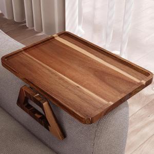 Danfoxer Acacia Wood Couch Arm Tray, Folding Sofa Armrest Tray, Couch Arm Table Clip-On Couch Desk for Drinks, Snacks, Phone, Remote Control