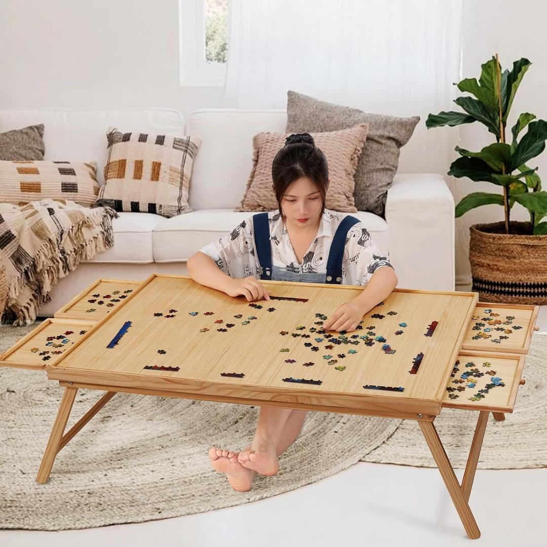 TEAKMAMA 2000 Piece Wooden Jigsaw Puzzle Board with 4 Drawers, Folding Puzzle Table with Protective Cover, Jigsaw Board with Legs, Multifunctional Game Table for Adults, 41.3W x 27.5D, Natural, Extra Large-2000 Pieces