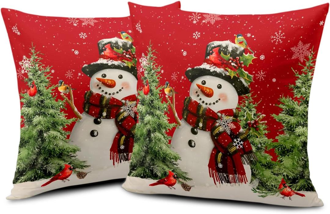 Wnoesat Snowman Christmas Red Throw Pillow Covers 18x18 Set of 2 Winter Snow Snowman Pine Tree Bird Print Decorative Outdoor Pillow Cases Xmas Farmhouse Pillowcase Winter Holiday Decor for Home Couch