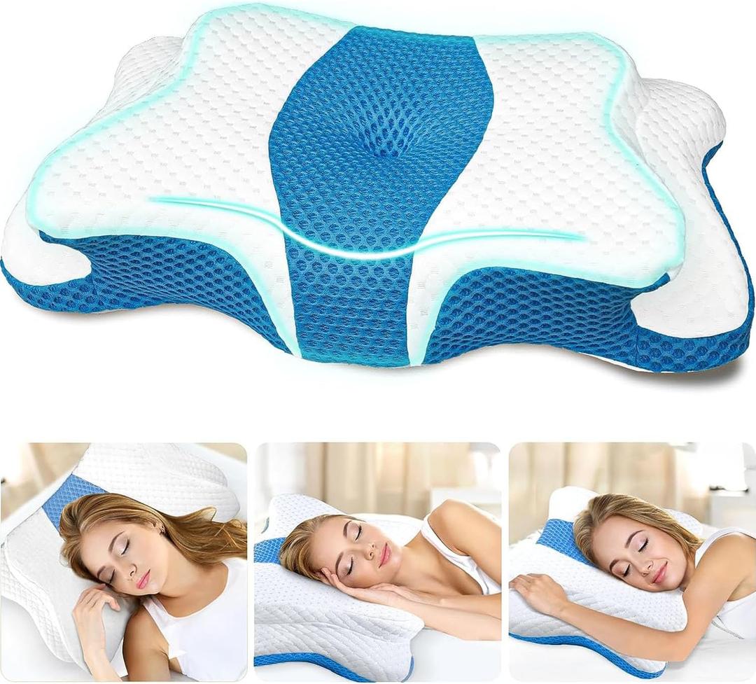 Memory Foam Pillows, Cervical Pillow for Neck and Shoulder Pain Relief, Ergonomic Contour Bed Pillow, Soft for Side Sleep Stomach Sleeping and Back Sleeper (Queen, Dark Blue)