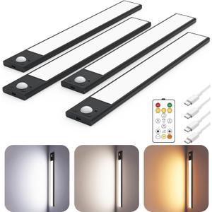 12" Ultra-Thin Under Cabinet Lighting Wireless, Aluminum Alloy Under Counter Lights for Kitchen, 3-Color-Temps Magnetic Closet Lights, Rechargeable Motion Sensor Light Indoor (4Pack, Black)
