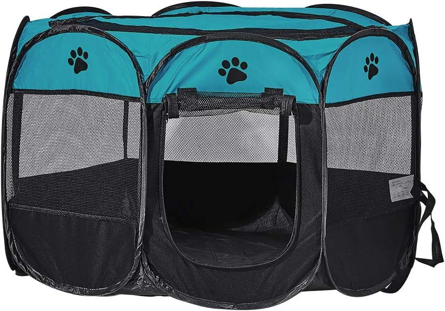 Foldable Pet Dog Playpen, Pop Up Portable Cat Playpen, Indoor/Outdoor for Kitten Puppy Play Pen, Cats Crate Tent with Carrying Bag, 600D Oxford (Aqua Blue + Black, Large, 8)