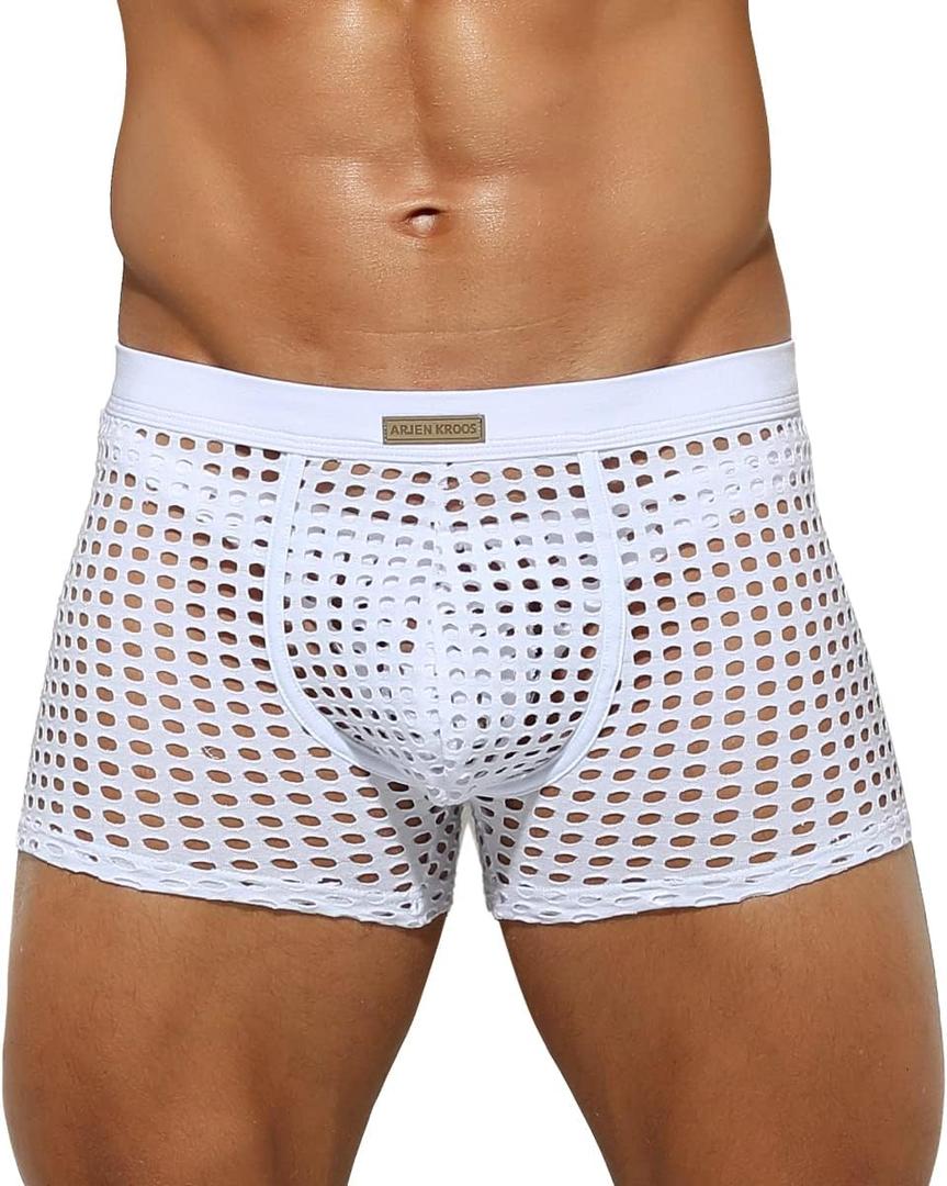 Arjen Kroos Men's Sexy Trunks Sheer Mesh Underwear Novelty Low Rise Lingerie (White, L)