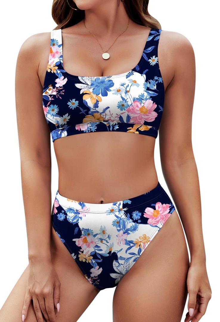 Pink Queen Women High Waisted Bikini Sporty Crop Top High Cut Bathing Suit Sporty 2 Piece Swimsuits Floral Navy 2XL