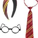 Sheliky Halloween Costume Accessories Women Vivid Burgundy Red Stripe Headband Tie Black Glasses Dress Up Cosplay Party Set