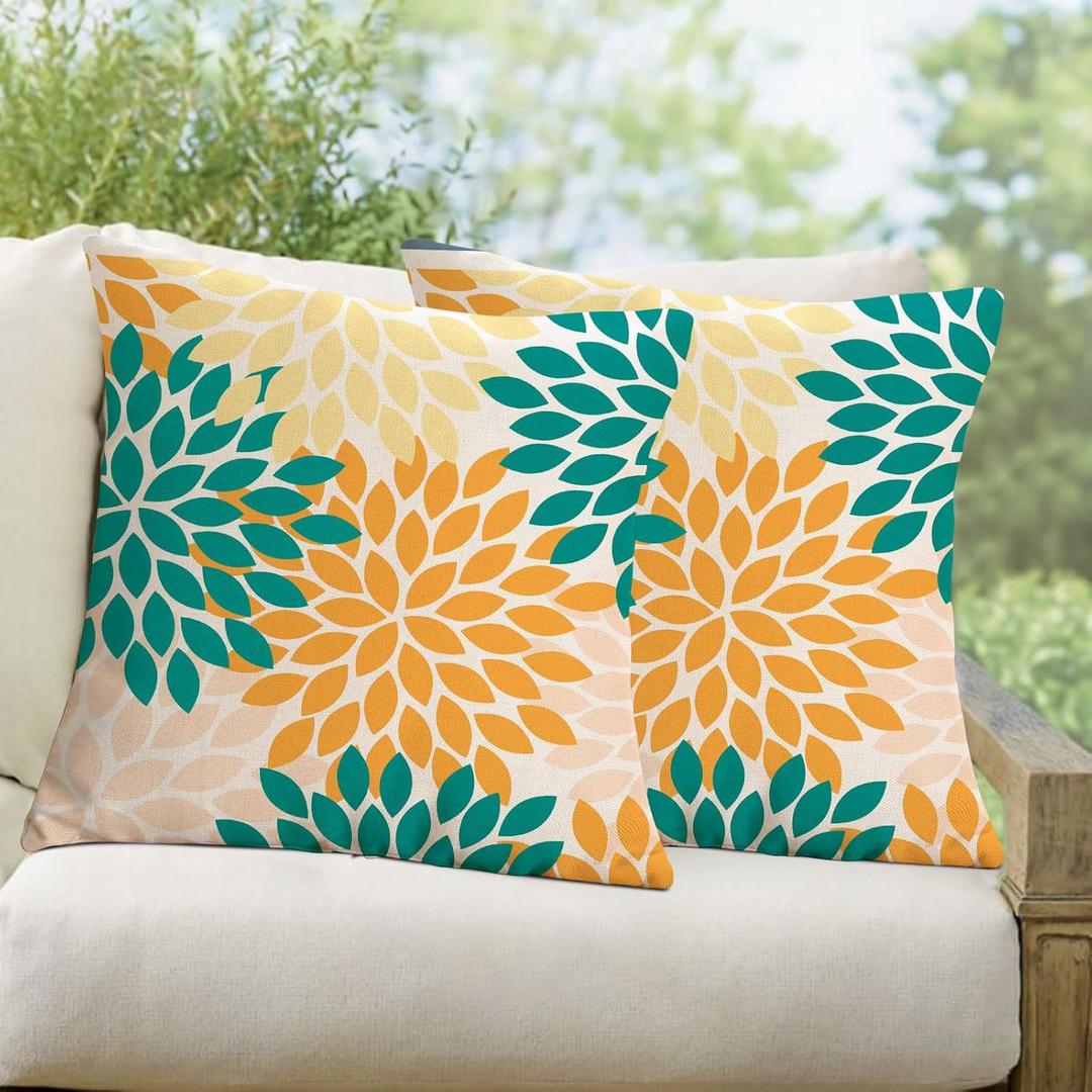 Yellow Blue Dahlia Floral Outdoor Pillow Covers 18x18 Set of 2 Waterproof Abstract Flower Summer Decorative Outdoor Pillow Covers for Patio Furniture Porch Couch Home Decoration (Teal Orange)