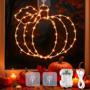 YOUNGAR Thanksgiving Window Lights,75Led Battery/USB Operated Pumpkin for Fall Decor, 8Modes Timer for Home Indoor, Autumn, Glass Wall,Porch,Outdoor Decor (Orange)