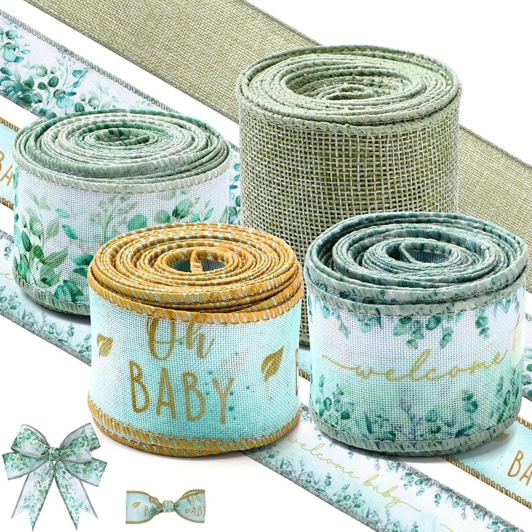 Waydress 4 Rolls Green Oh Baby Theme Ribbon 2.5 Inch Wired Baby Shower Ribbon for Diaper Cake Wreaths Bows Gift Wrapping DIY Crafts Girl Baby Shower Decoration