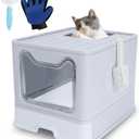 ROCCS Foldable Cat Litter Box with Lid,No Smell Large Top Entry Litter Box with Cat Litter Scoop,Covered Drawer Type Kitty Potty,Including Fur Brush & Cleaning Glove,Grey 20" x 16" x 15"