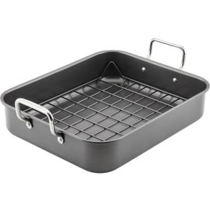 Rachael Ray Bakeware Nonstick Roaster/Roasting Pan with Reversible Rack, 16.5 Inch x 13.5 Inch, Gray