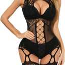 Womens Fishnet Bodystocking Crotchless Bodysuit Sexy Tights Soft Nightwear Naughty Lingerie One Size (Black)