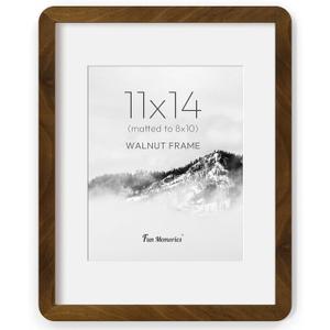 Fun Memories 11x14 Picture Frame - Solid Walnut Wood 11x14 Frame with Mat for 8x10 Photos, 11 By 14 Poster Wood Wall Frame, Horizontal or Vertical Wall Mounting, Natural Walnut