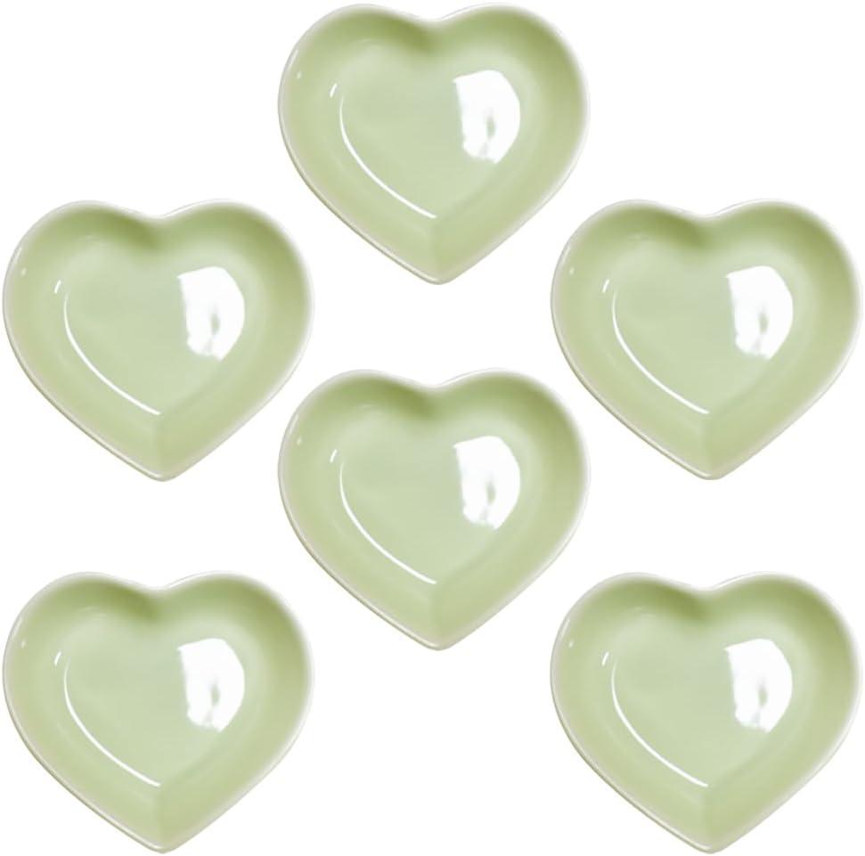 6 pcs Light Green Heart Shaped Porcelain Soy Sauce Dish 1.65 oz Ceramic Dip Dipping Bowls for Dinner Baking BBQ and Cooking