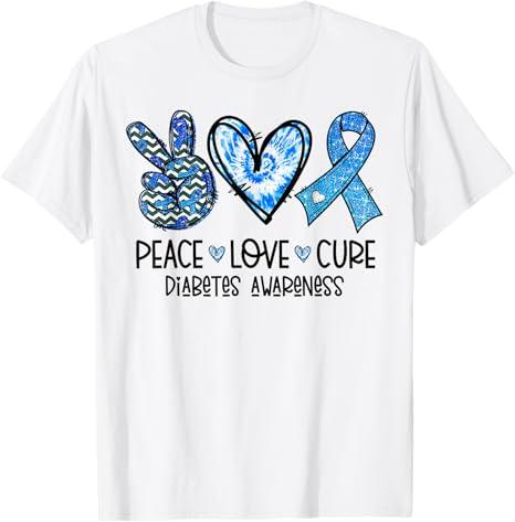 Peace Love Cure Type 1 Diabetes Awareness T1D Blue Ribbon T-Shirt Small