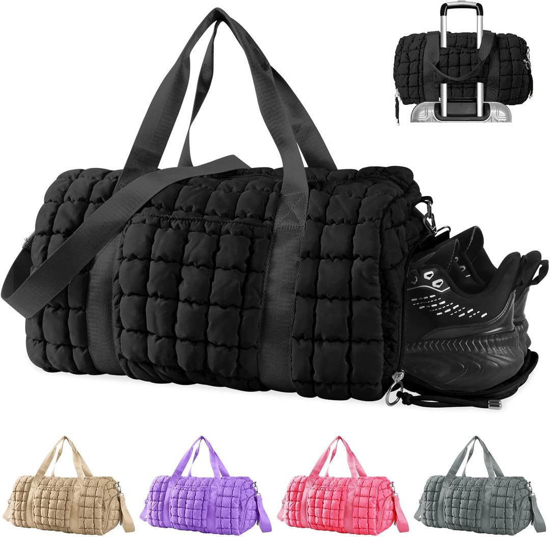 Quilted Gym Duffle for Women - Travel Bag with Shoes Compartment, Puffer Weekender Overnight Carry On Duffel with Trolley Sleeve for Airplanes - Personal Item Sports Dance Bag (Black) (Medium)