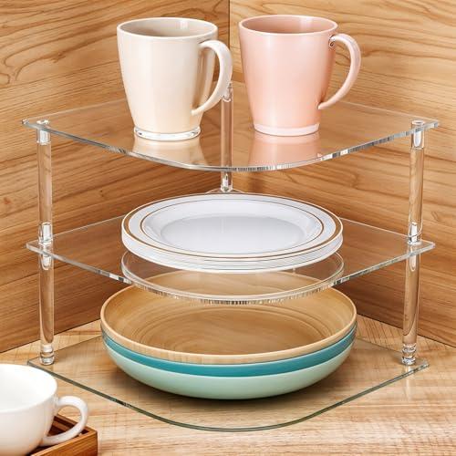 AojSup 1 Pc Acrylic Plate Organizer for Cabinet Kitchen Countertop Corner Clear Cabinet Organizer for Paper Plate and Bowl Dishes Pantry Storage Corner Rack Plate Holder for Cabinet Bathroom Storage