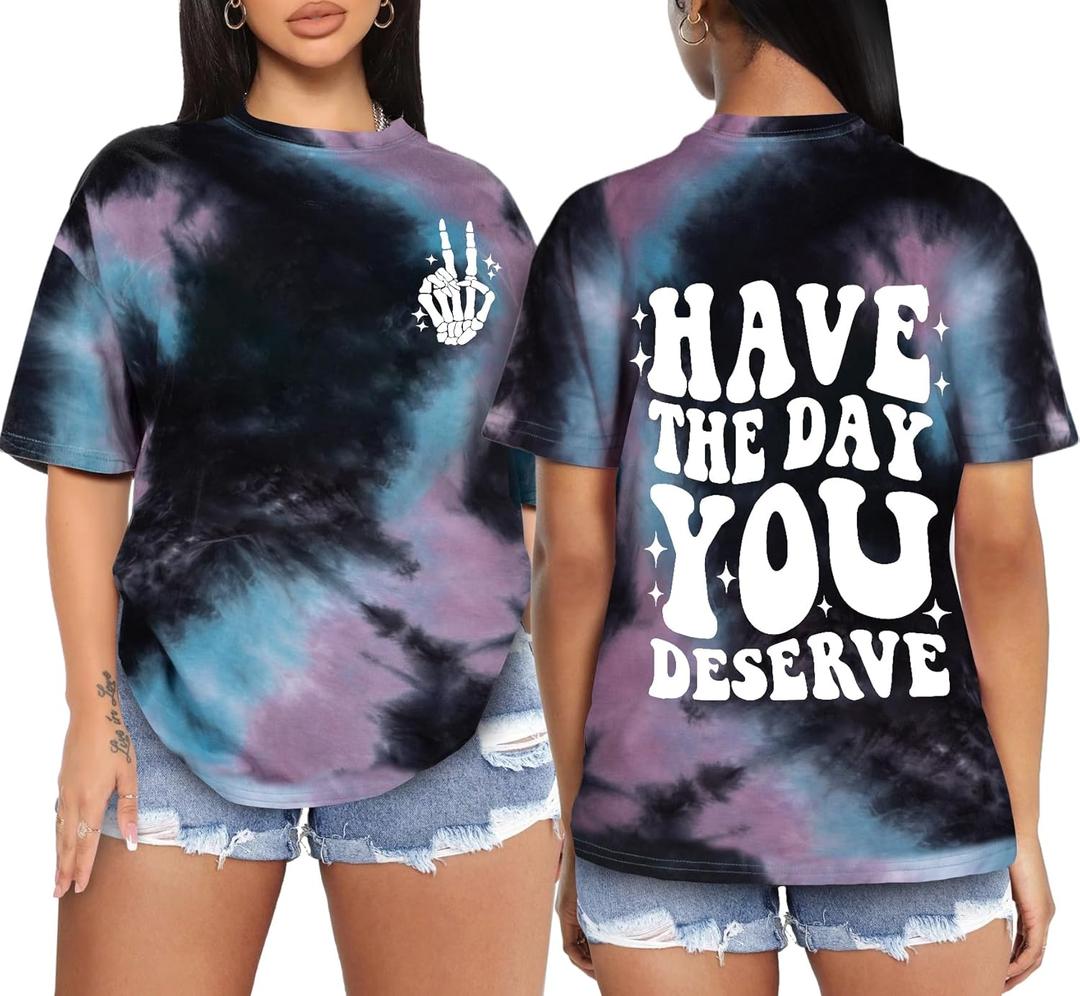 Tie Dye Shirt Women - Oversized Tie Dye T Shirt Short Sleeve Round Neck Casual Trendy Graphic Tee for Girls (You Deserve)