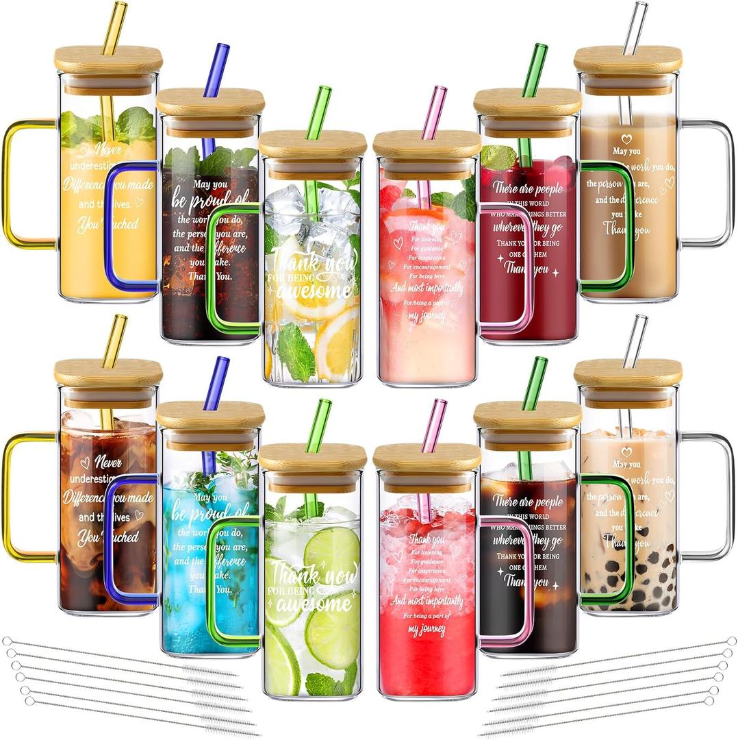 Uiifan 12 Pcs Employee Appreciation Gifts Bulk,End of Year Thank You Inspirational Glass Cups with Lids and Straws 13.5 oz Iced Coffee Cups with Handle for Teachers Nurses Coworkers Staff Volunteers
