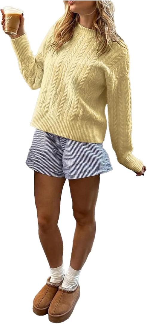 Women's Cable Knit Fall Sweaters 2025 Long Sleeve Crewneck Sweaters Jumper Tops Old Money Clothes (Yellow, S)